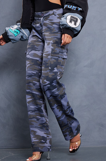 Tall Grey Asymmetric Waistband Camo Cargo Trousers