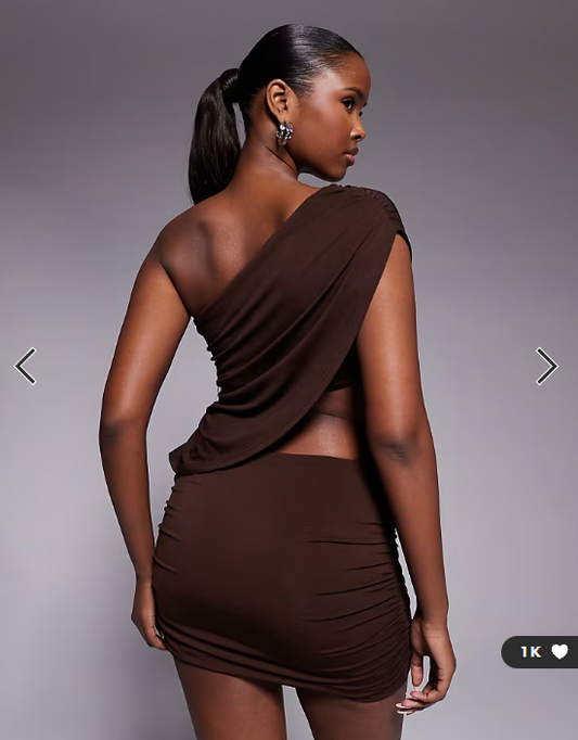 Tiger Mist Ryland off shoulder drape cut out detail mini dress in chocolate