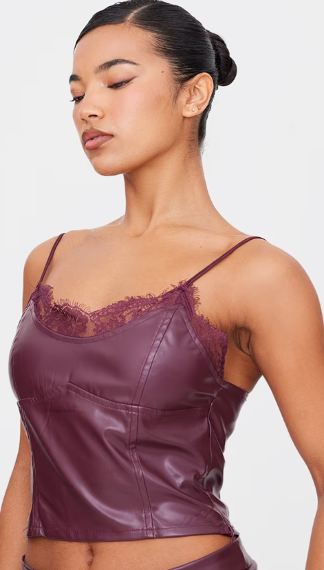 Plt - Burgundy Matte Faux Leather Lace Trim Cami Top