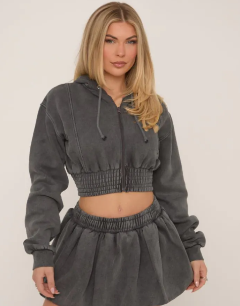 Long Sleeve Cropped Zip Up Hoodie In Grey