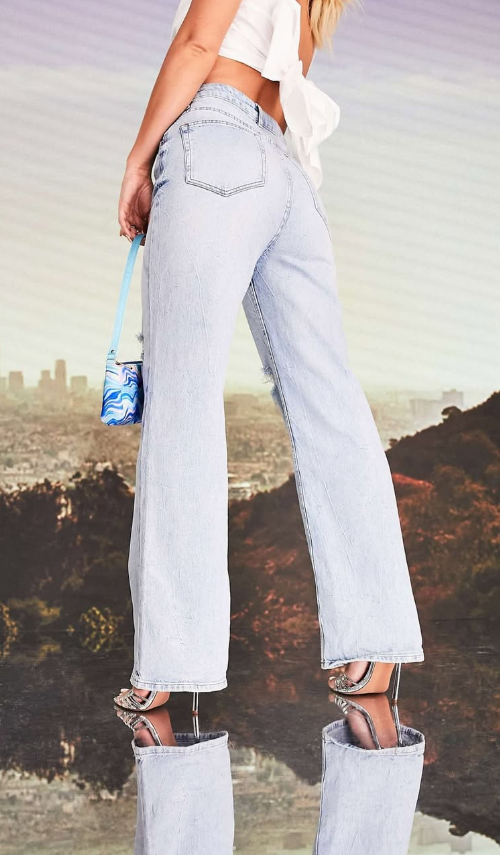 ASOS DESIGN × MILLIE wide leg ripped knee jean in light wash blue