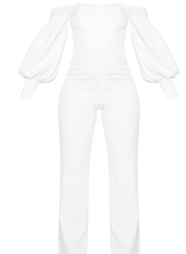 White Bardot Balloon Sleeve Corset Jumpsuit