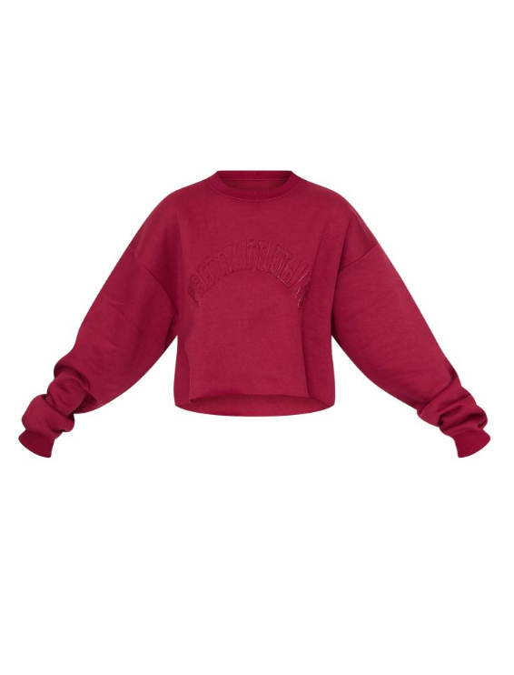 Plt - Tall Burgundy Distressed Varsity Cropped Sweatshirt