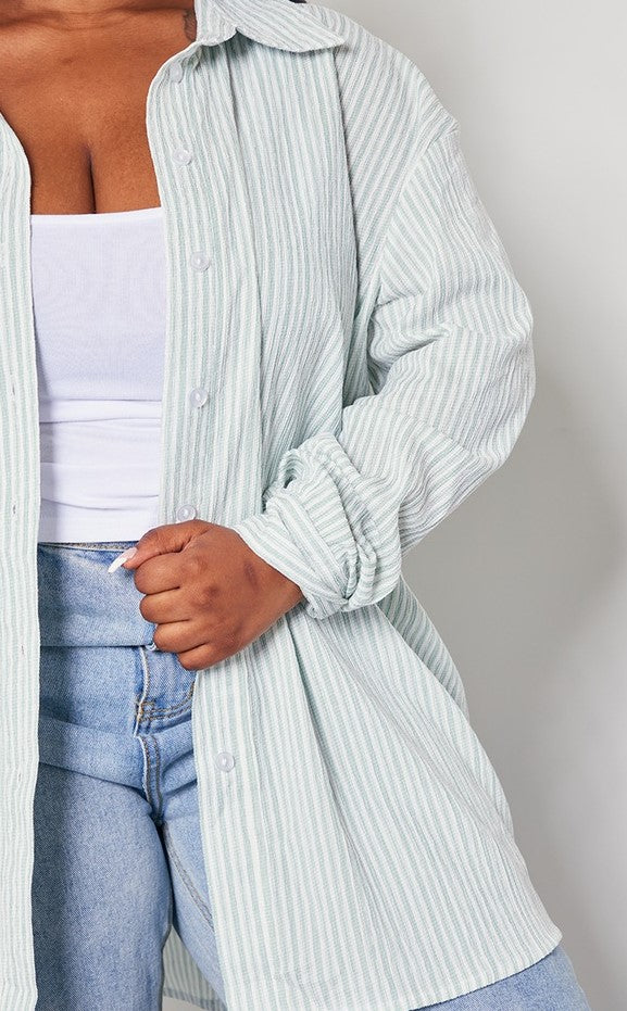 Plus Green Stripe Button Up Oversized Shirt