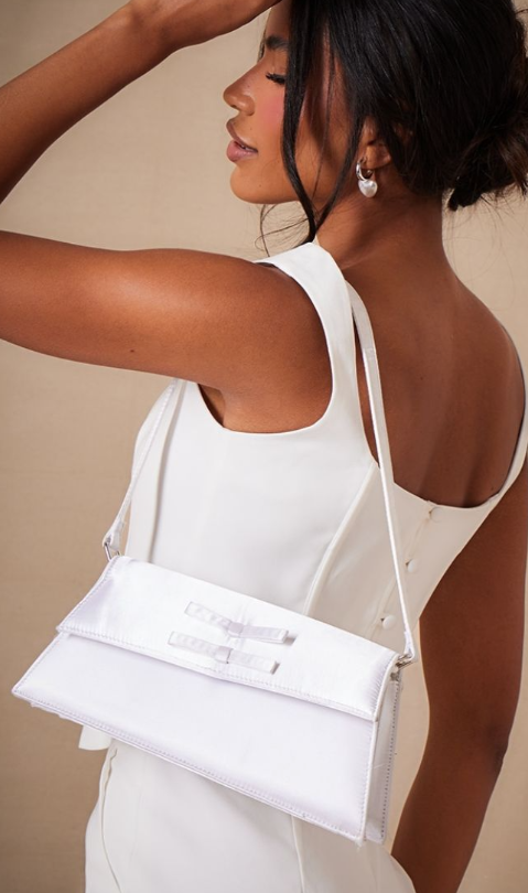 Plt - White Satin Bow Trapeze Shoulder Bag