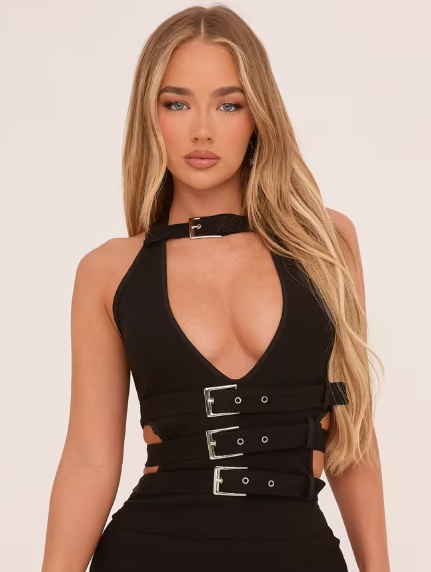 Ego - Plunge Belt Detail Top In Black Woven