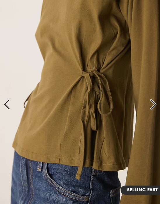 ASOS DESIGN tie waisted detail long sleeve top in khaki