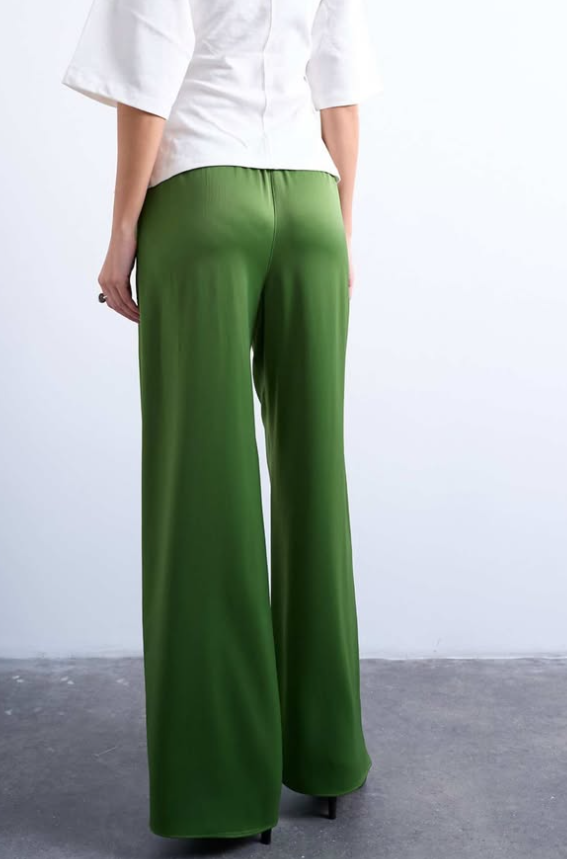 Topshop - satin tie waist wide leg trouser in green