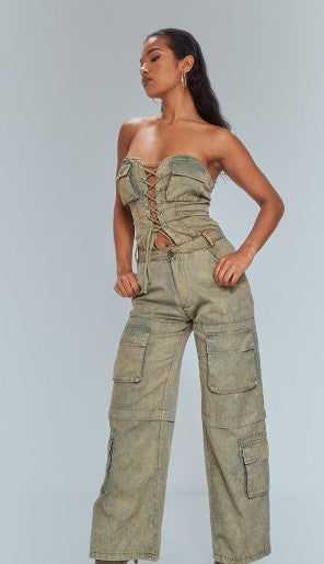 Khaki Acid Wash Bandeau Lace Up Utility Jumpsuit