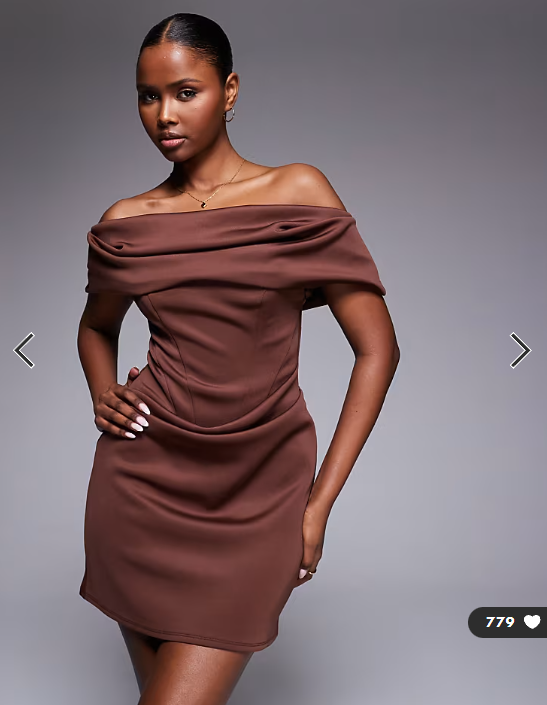 ASOS DESIGN off shoulder boned corset bodice mini dress in chocolate scuba-style fabric