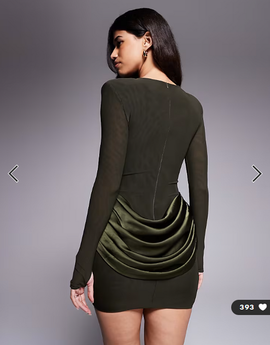 Wanderdoll Storm sculpting shoulder pad detail satin drape waist mini dress in forest green