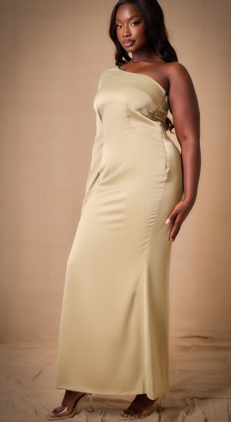 Plus Sage Bridesmaid Satin One Shoulder Flared Sleeve Maxi Dress