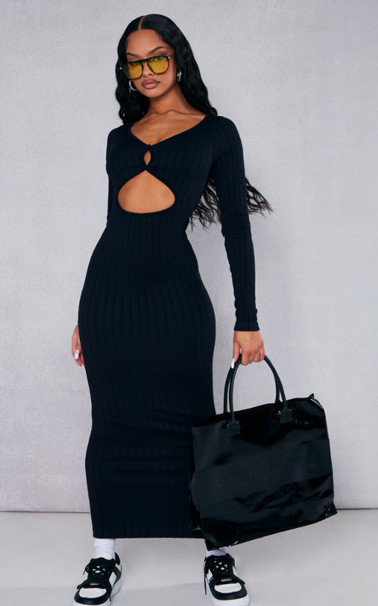 Black Structured Contour Wide Rib Button Down Midaxi Dress