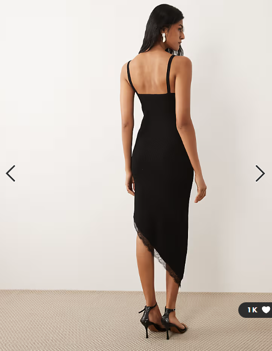 Mango asymmetric hem midi dress with lace trim in black