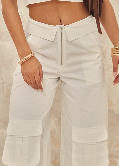 Plt - White Woven Foldover Waist Zip Front Cargos