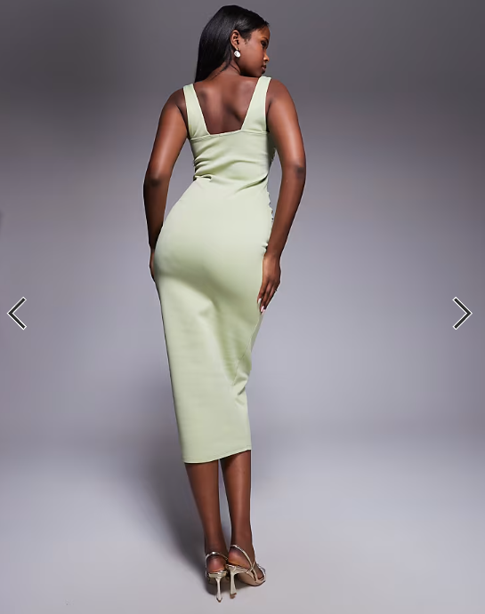 ASOS DESIGN curved neckline midi dress with split in sage green in scuba-style fabric