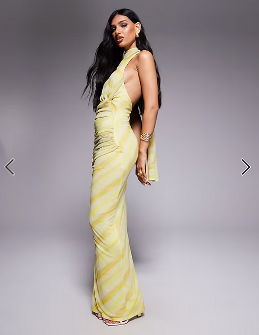ASOS DESIGN mesh twist bust detail halter maxi dress with tie back neck in blurred stripe print