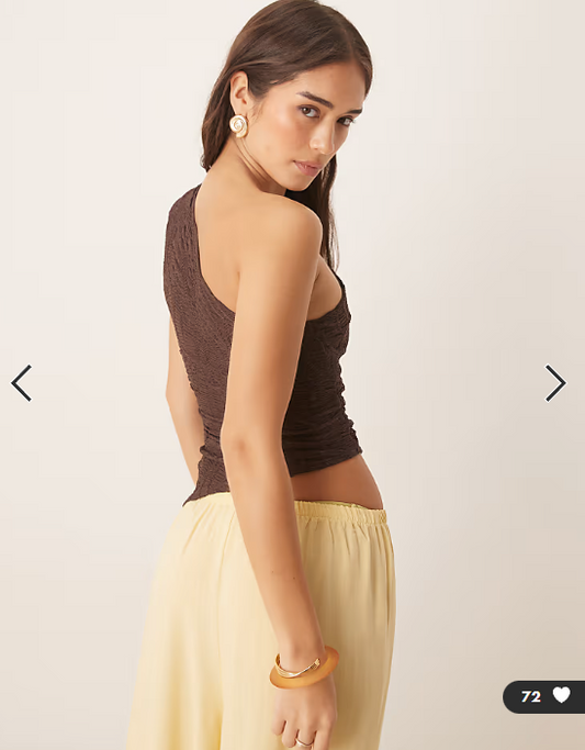 ASOS DESIGN textured one-shoulder top with asymmetric hem and ruching detail in chocolate