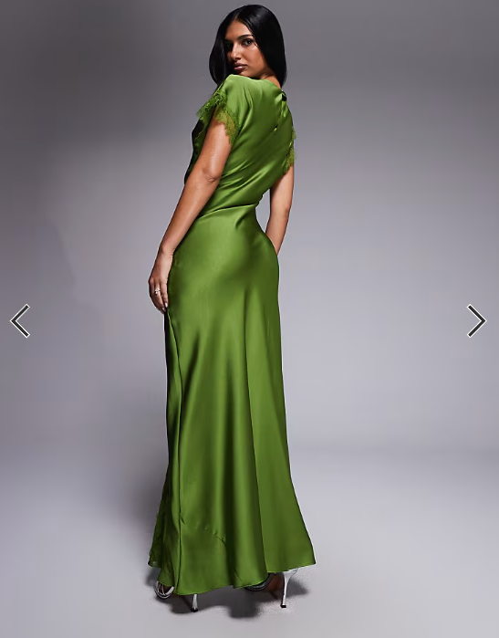 Forever New satin and lace asymmetric shoulder maxi dress in green