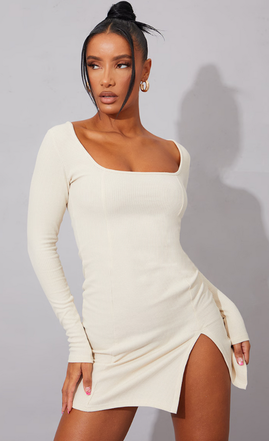 Cream Rib Split Hem Square Neck Long Sleeve Bodycon Dress