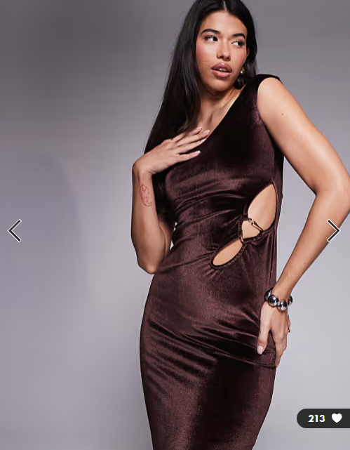 ASOS DESIGN velvet bardot midi dress with cut out and trim in mocha
