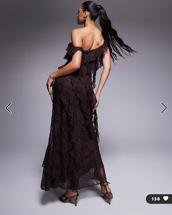 ASOS DESIGN one shoulder mixed lace ruffle midaxi dress in chocolate brown