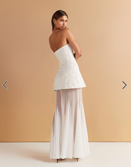 ASOS DESIGN cutwork embellished structured maxi dress with sheer full skirt in white