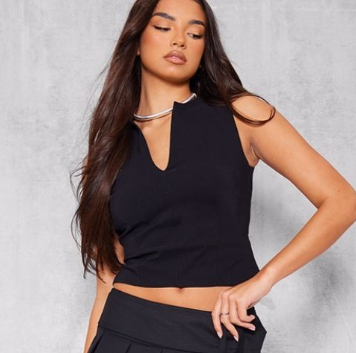 Black Bengaline V Neck Long Top