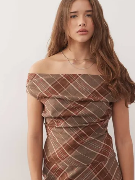Reclaimed Vintage plaid print tailored off shoulder top in brown