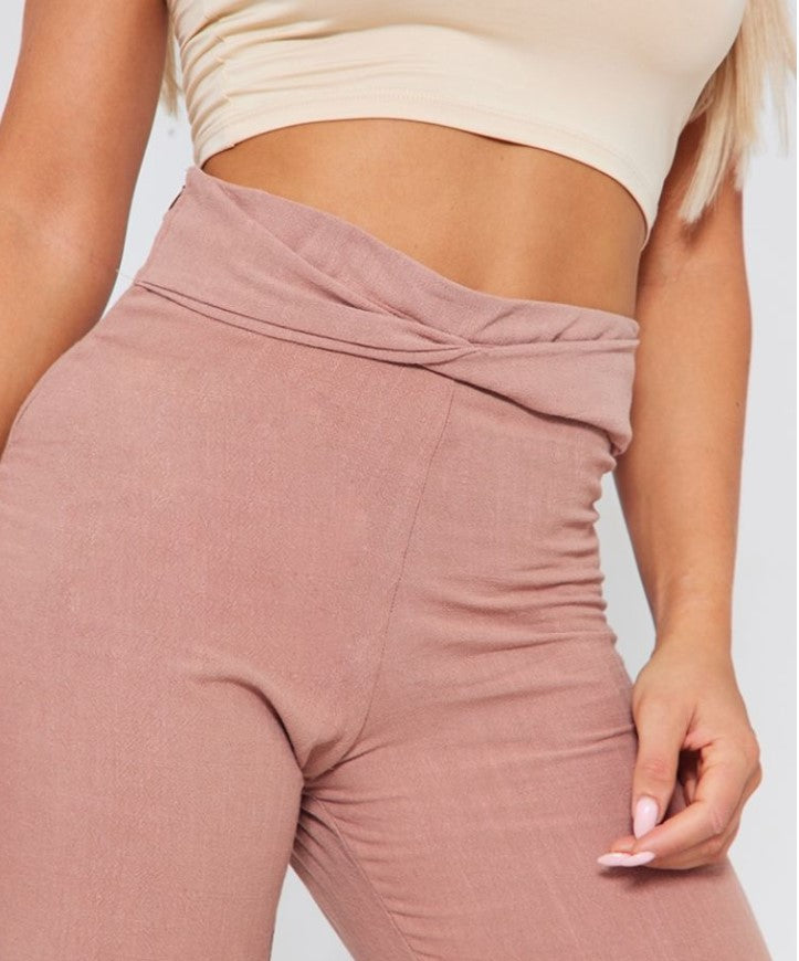 Mocha Linen Feel Twist Waistband Straight Leg Trousers