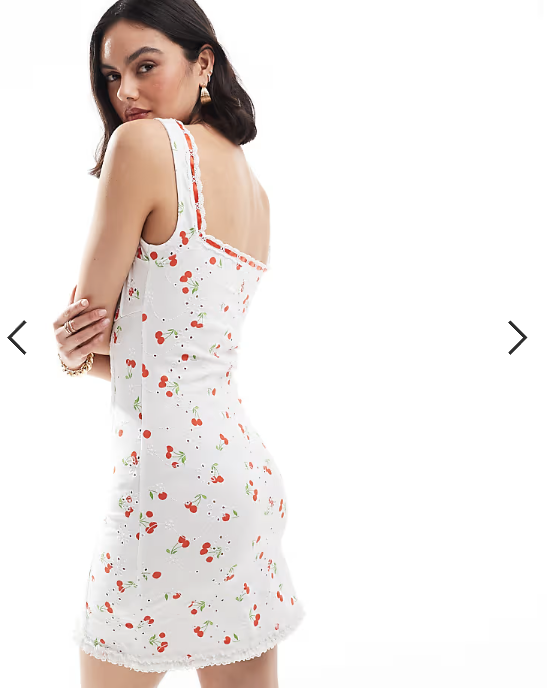 ASOS DESIGN cami strap with corset bodice with ribbon detail broderie mini dress in cherry print