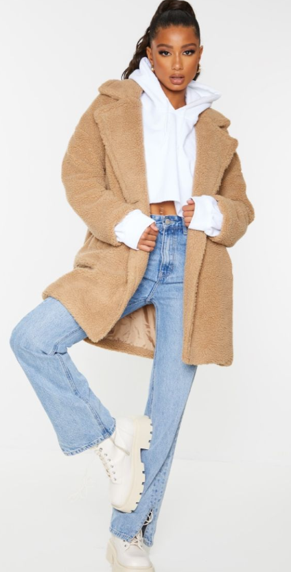 Plt - Camel Borg Lapel Drop Arm Midi Coat