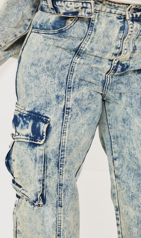 Plt - Plus Light Blue Acid Wash Pocket Detail Cargo Wide Leg Jeans