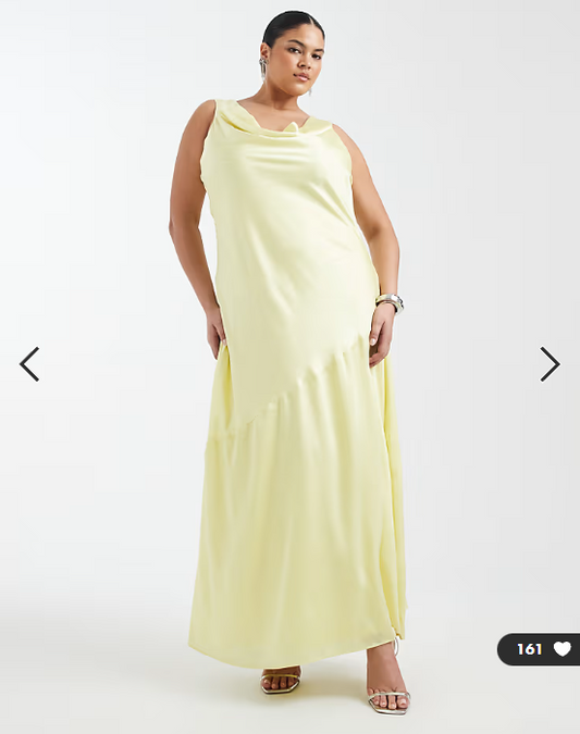 TFNC Plus Bridesmaid satin cowl front and back maxi dress in butter lemon
