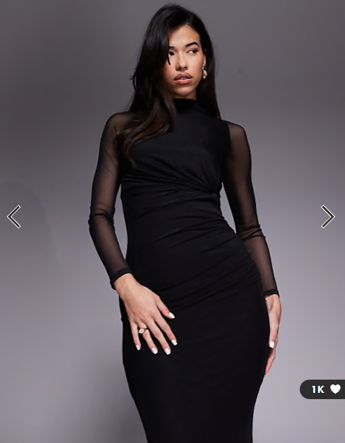 ASOS DESIGN mesh long sleeve twist bust detail halter maxi dress in black