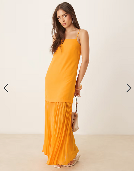 ASOS DESIGN dropped waist pleated skirt cami midi dress in orange