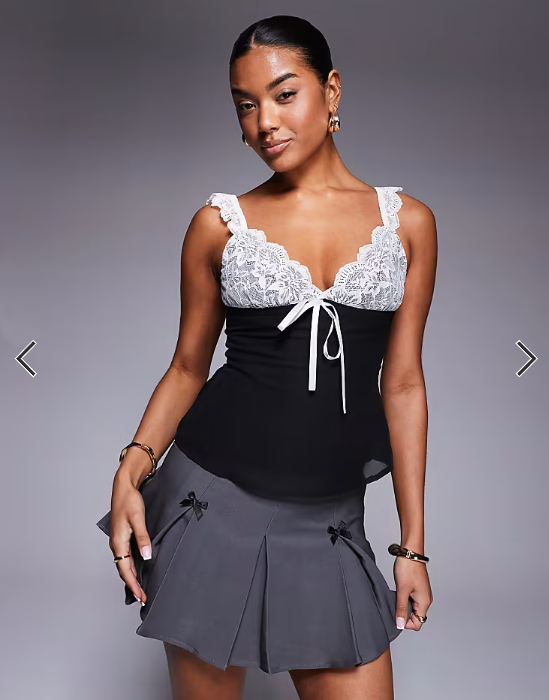 Princess Polly lace contrast bow detail top in black and white