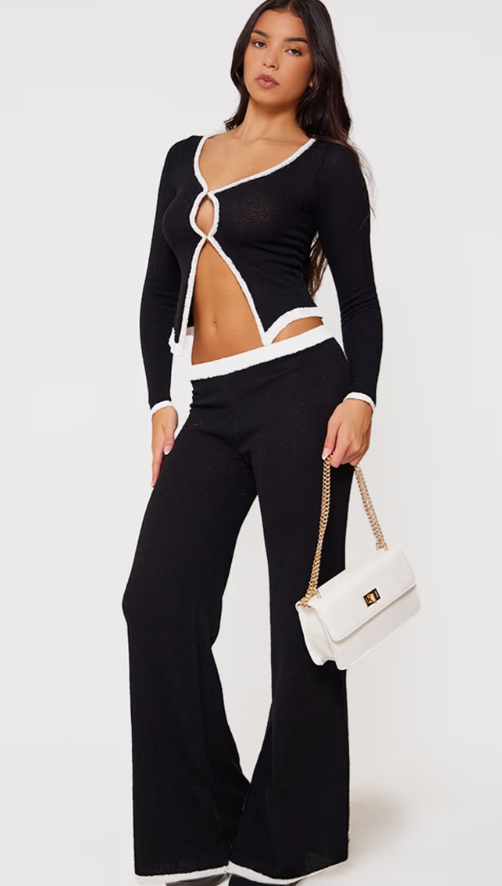 Prettylittlething Monochrome Towel Knitted Contrast Detail Trousers & Top SET