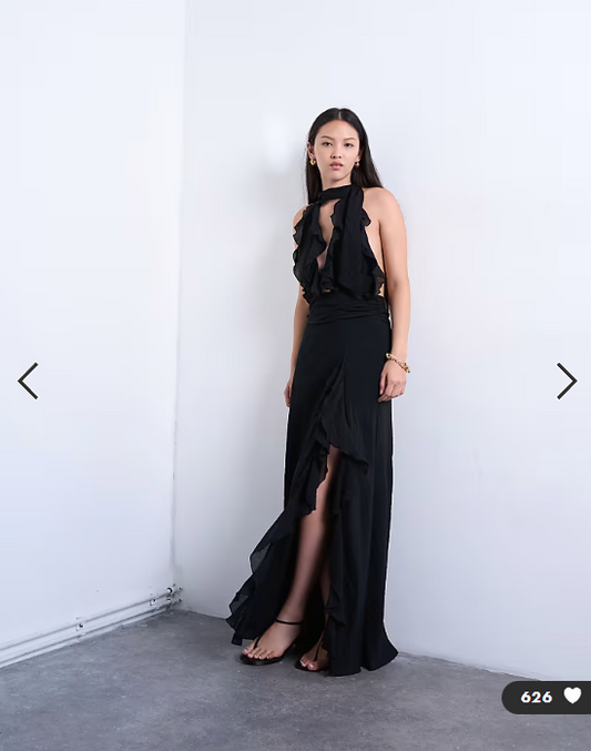 Topshop deep plunge ruffle maxi gown in black