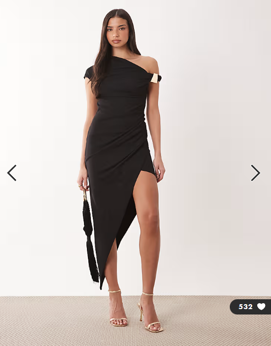 ASOS DESIGN heavy stretch crepe fallen shoulder with trim detail midi dress in black