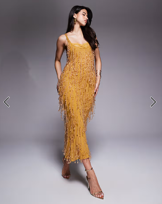 ASOS DESIGN embellished midi dress with sheer lace lining in mustard