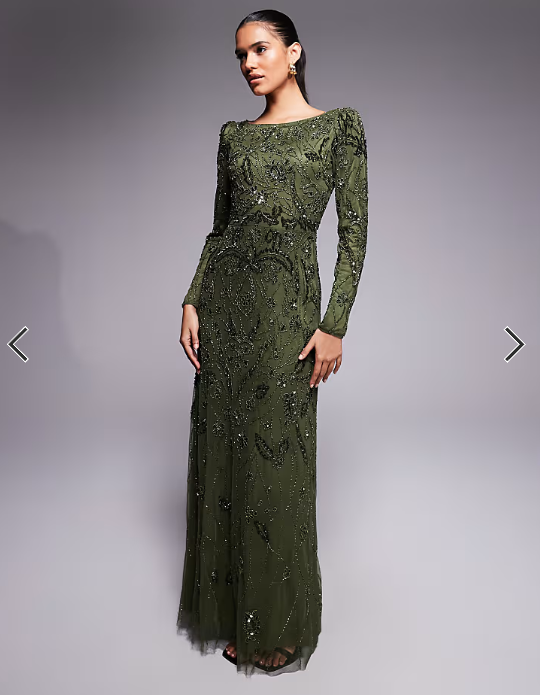 Beauut fully embellished beaded mesh overlay slash neck maxi dress in green