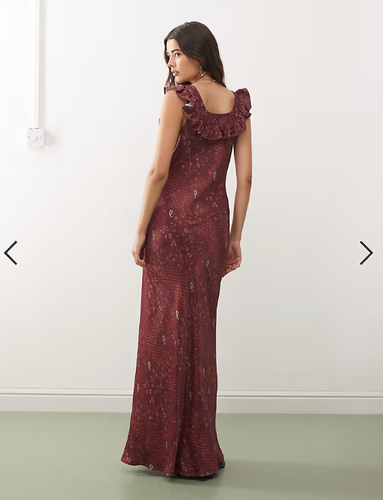 Reclaimed Vintage maxi tea dress with frill neck in burgundy floral print