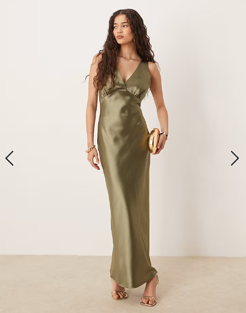 Gina Tricot satin v neck shape maxi dress in khaki
