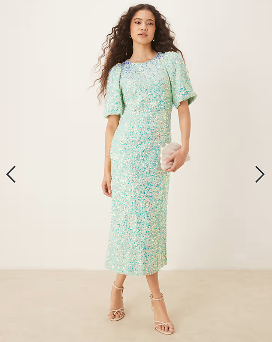 YAS textured iridescent sequin midaxi tea dress in mist green
