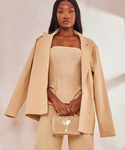 Plt - Tall Sand Linen Look Oversized Blazer