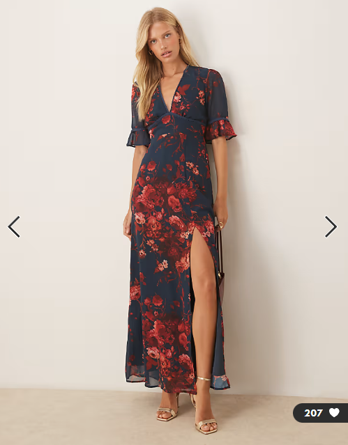 Hope & Ivy chiffon v neck button detail open back front split maxi dress in navy and red floral
