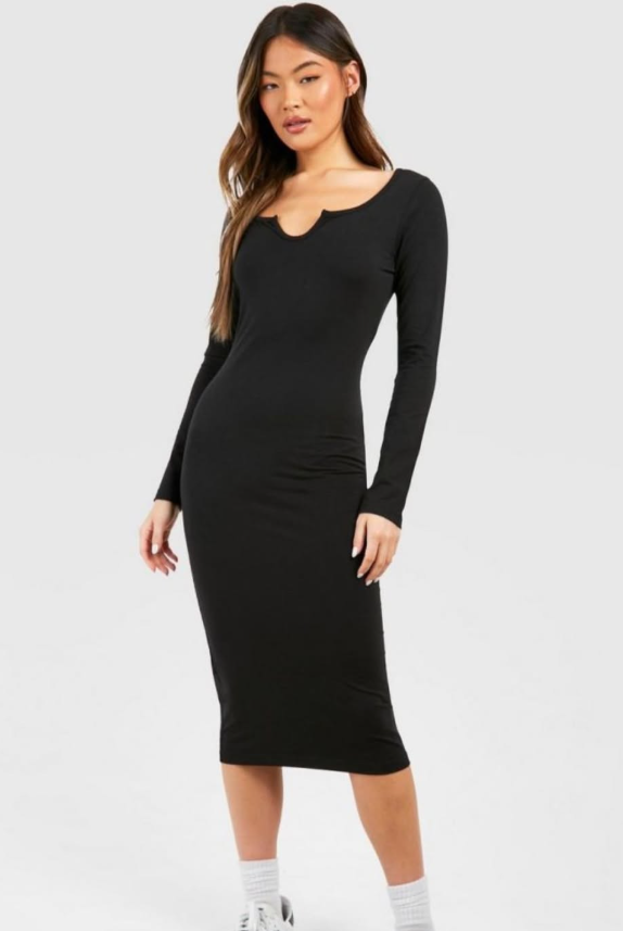 Boohoo - Notch Neck Long Sleeve Jersey Midi Dress - black