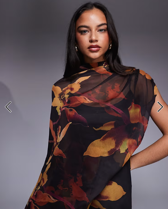 ASOS DESIGN high neck draped asymmetric mini dress with cut out in dark abstract floral