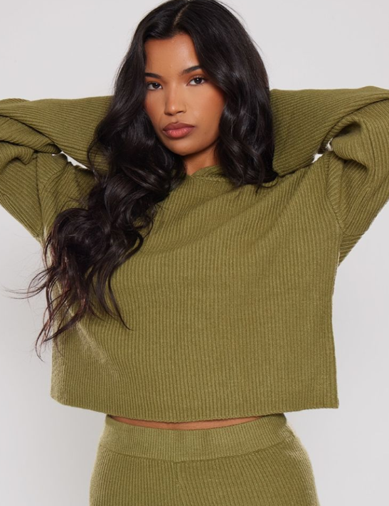 Plt - Khaki Soft Rib Knit Hooded Jumper